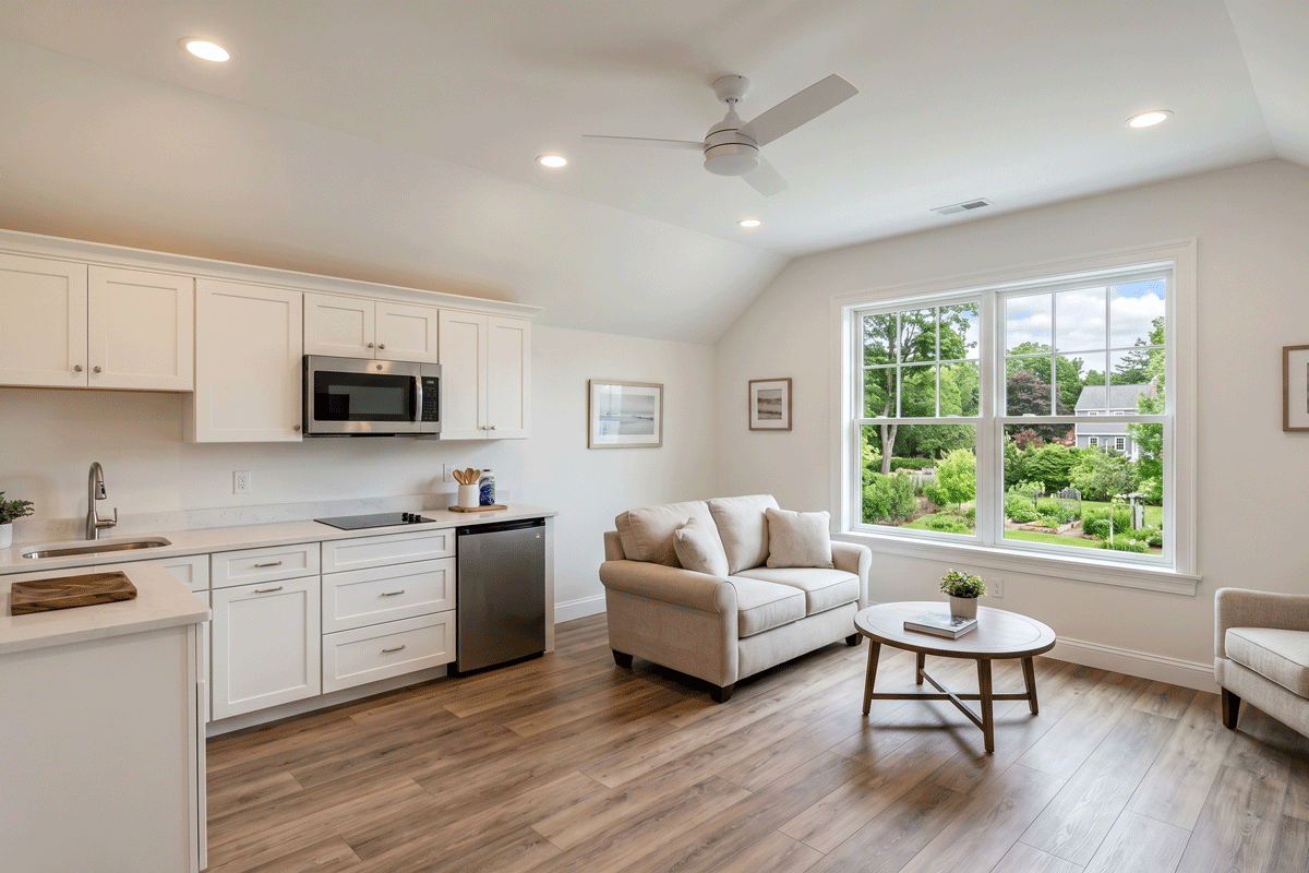 1b1 - J.E.P. Contracting | J.E.P. Contracting Open-concept living area: white kitchen cabinets, stainless steel appliances, beige sofa, round coffee table, and a large window overlooking greenery. | J.E.P. Contracting