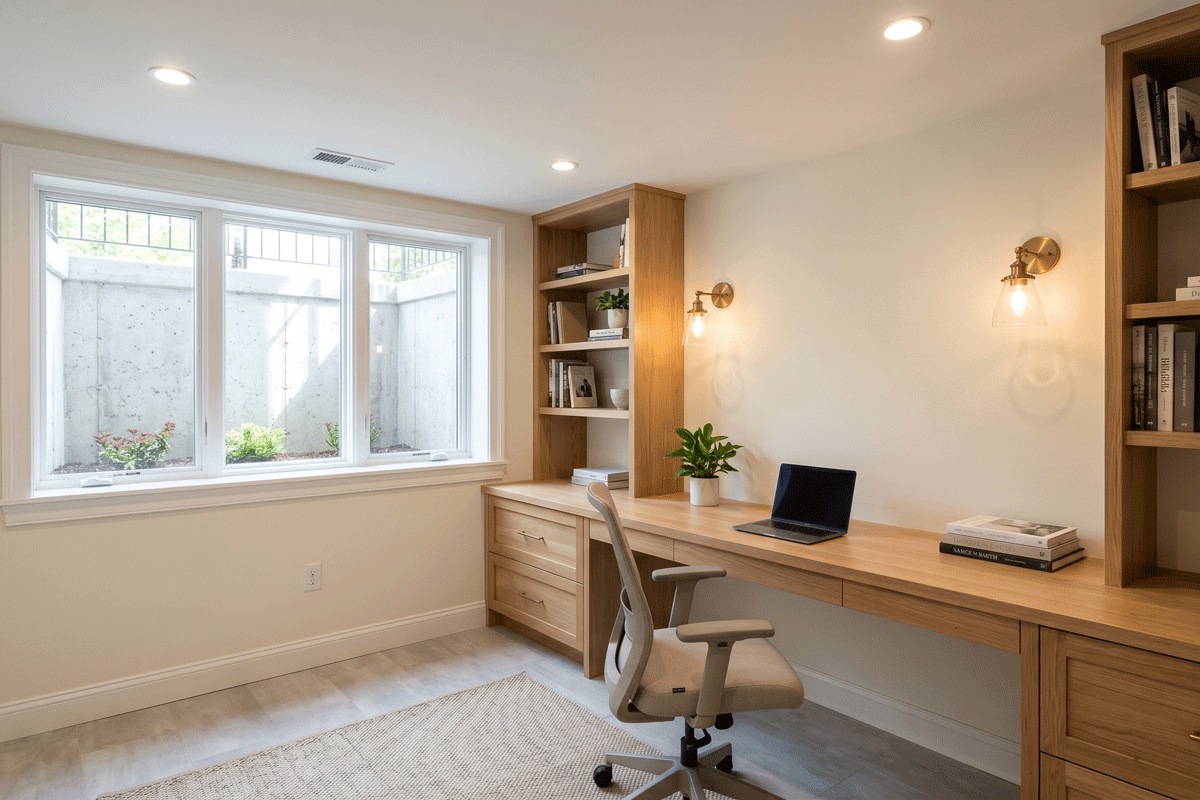 2b2 - J.E.P. Contracting | J.E.P. Contracting Home office with a long wooden desk, built-in shelves, laptop, plant, and warm wall lights. | J.E.P. Contracting