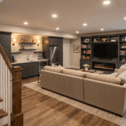 Open-concept living room with a beige L-shaped sectional facing a dark built-in entertainment wall and electric fireplace, flanked by shelves and a large TV.