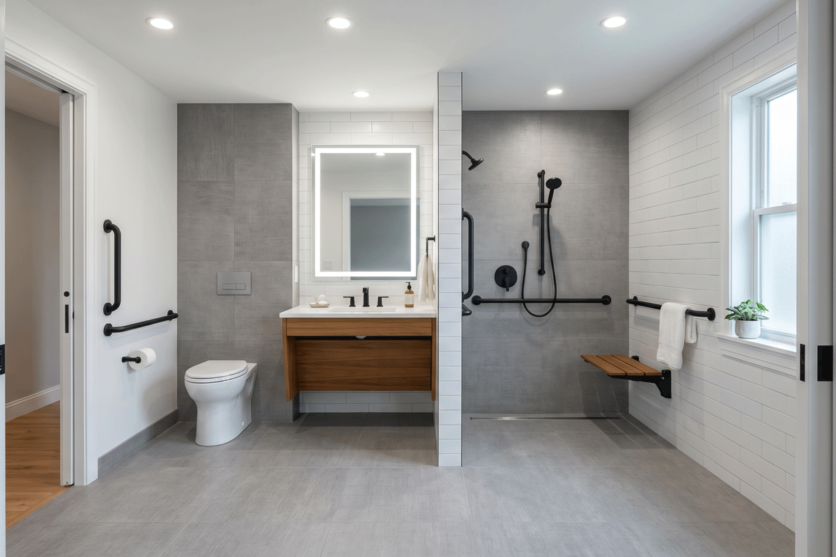 3b2 - J.E.P. Contracting | J.E.P. Contracting Accessible bathroom with a dual-entry layout, featuring a walk-in shower with a bench, wall grab bars, and a wall-mounted sink with vanity. Thin vertical tile divider separates shower from toilet area; large illuminated mirror above sink and a window with a small plant on the sill. | J.E.P. Contracting