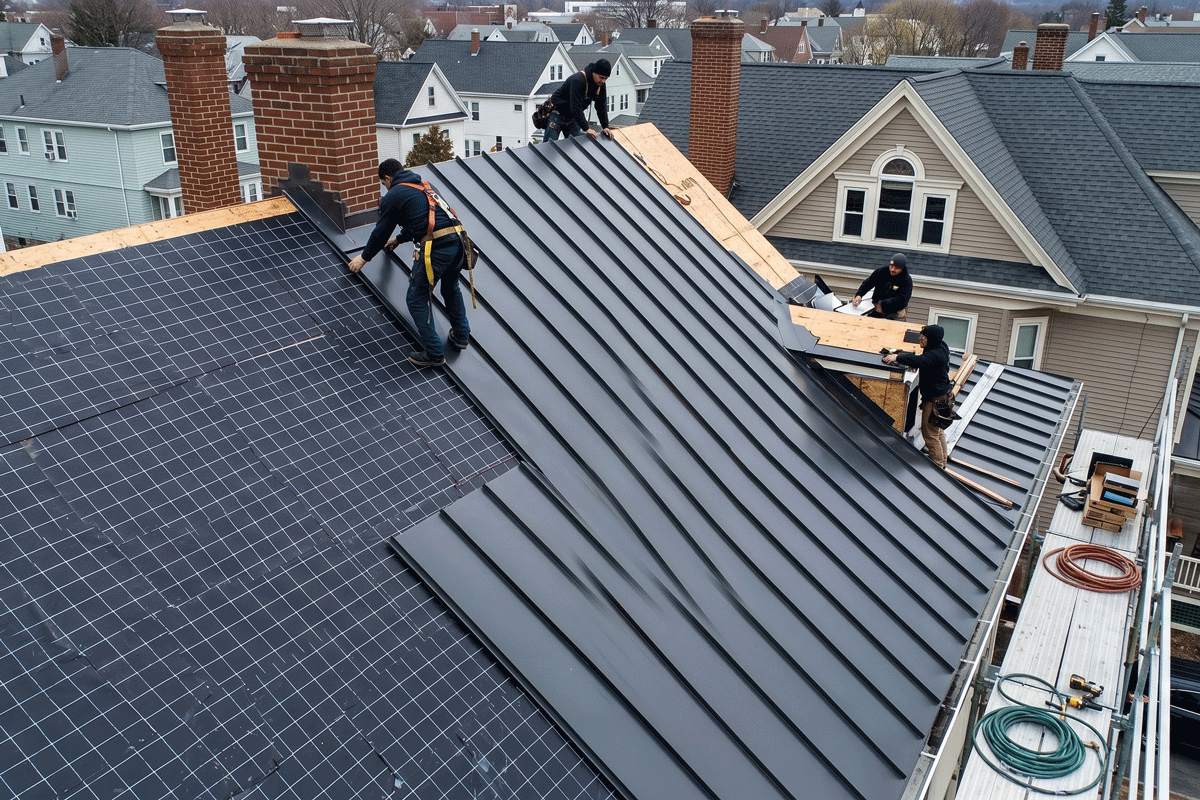4b2 - J.E.P. Contracting | J.E.P. Contracting Construction workers install dark metal roofing on a steep residential roof; tools and scaffolding nearby. | J.E.P. Contracting