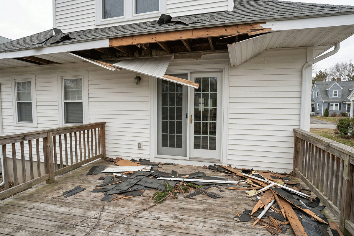 5b1 - J.E.P. Contracting | J.E.P. Contracting Deck outside a white house with a collapsed roof overhang and scattered debris on the wooden surface nearby the glass door. | J.E.P. Contracting