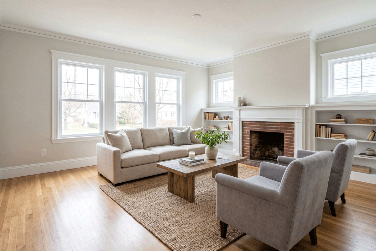 5b2 - J.E.P. Contracting | J.E.P. Contracting Bright living room with a beige sofa, two gray armchairs, a wooden coffee table, and a woven rug in front of a brick fireplace with built-in bookshelves on either side. | J.E.P. Contracting