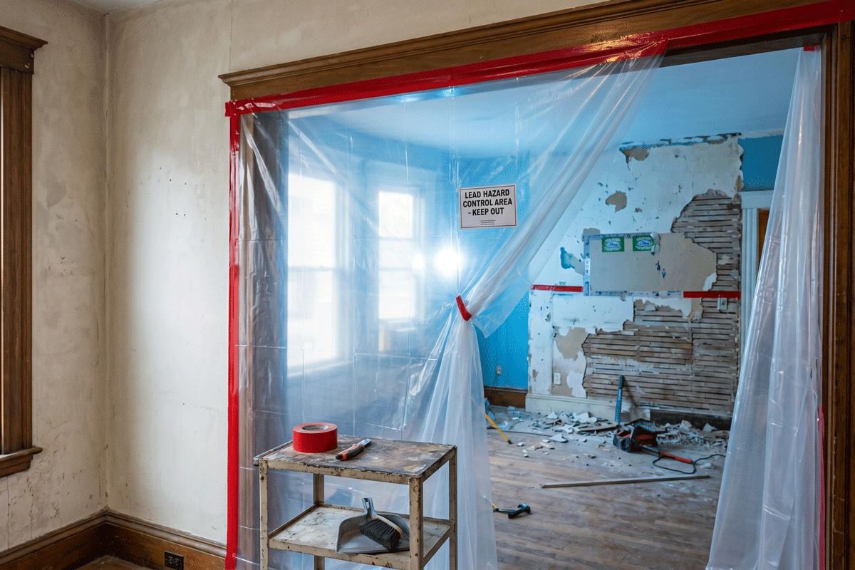 6b1 - J.E.P. Contracting | J.E.P. Contracting Doorway covered in plastic sheeting with red tape, revealing a renovation area with debris and a small worktable in the foreground. | J.E.P. Contracting