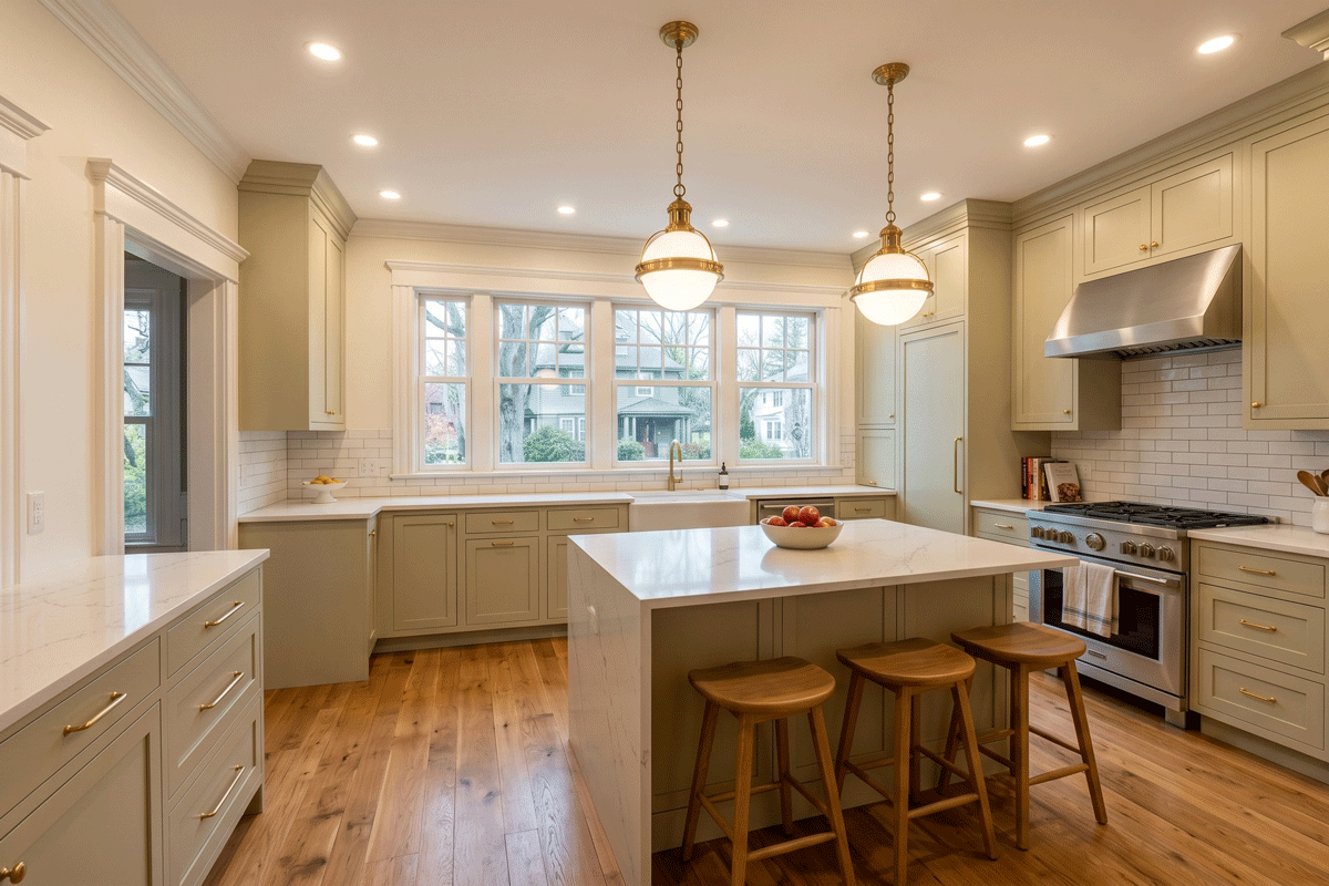 6b2 - J.E.P. Contracting | J.E.P. Contracting Bright modern kitchen with a large marble island, three wooden stools, pale gray cabinets, and a stainless steel stove under a hood. | J.E.P. Contracting